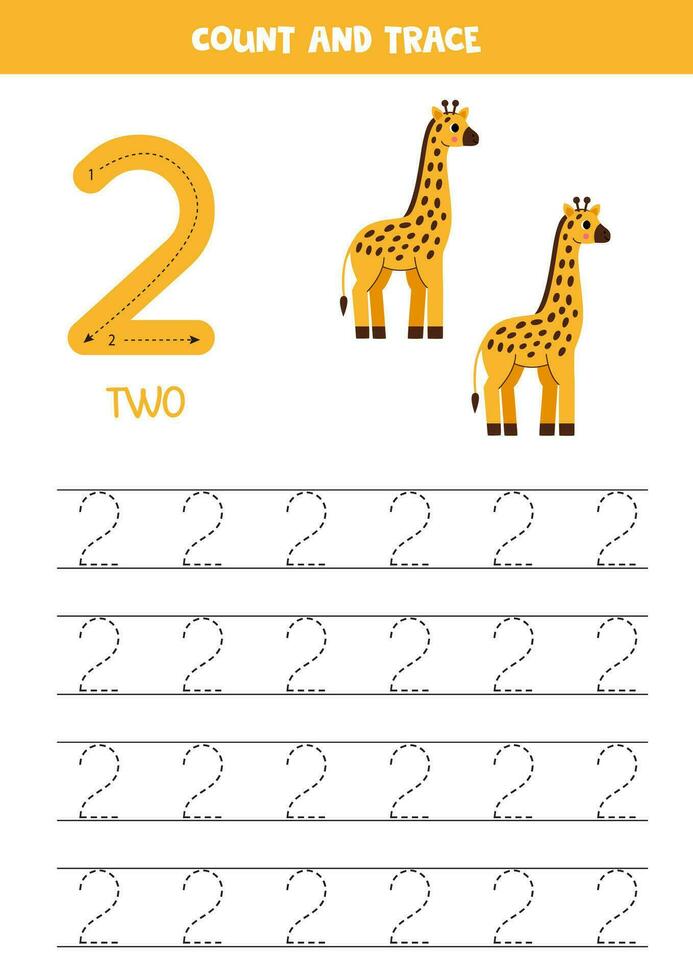 spoor nummers. aantal 2 twee. schattig tekenfilm giraffen. vector