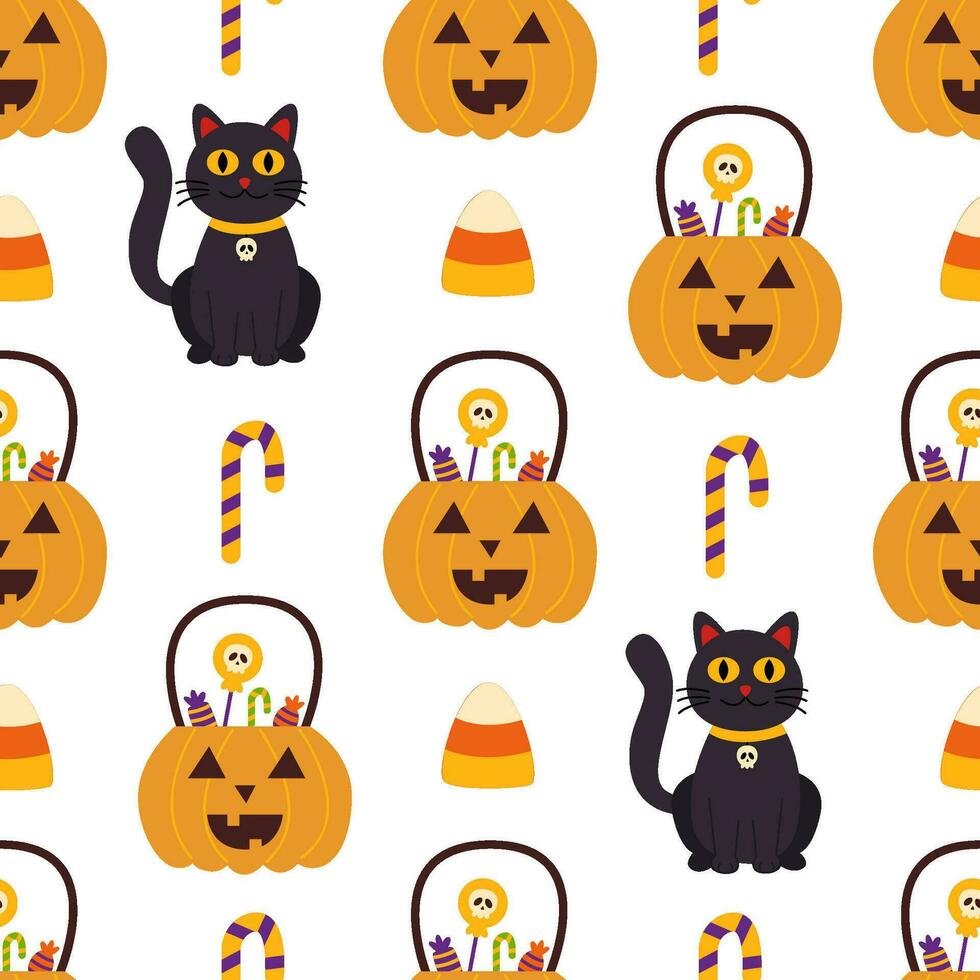 halloween naadloos patroon met schattig zwart kat en pompoen. vector