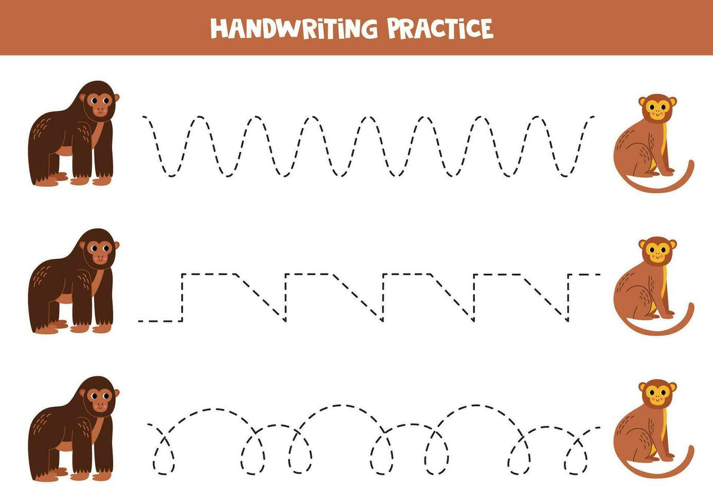 handschrift praktijk met schattig gorilla en aap. traceren lijnen voor kleuters. vector illustratie.