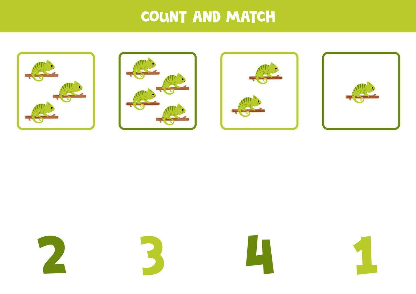 tellen spel voor kinderen. tellen allemaal kameleons en bij elkaar passen met nummers. werkblad voor kinderen. vector