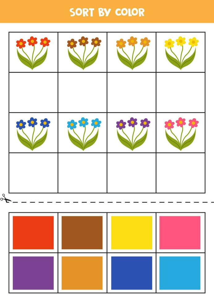 soort afbeeldingen door kleur. schattig bloemen. spel voor kinderen. besnoeiing en lijm. vector