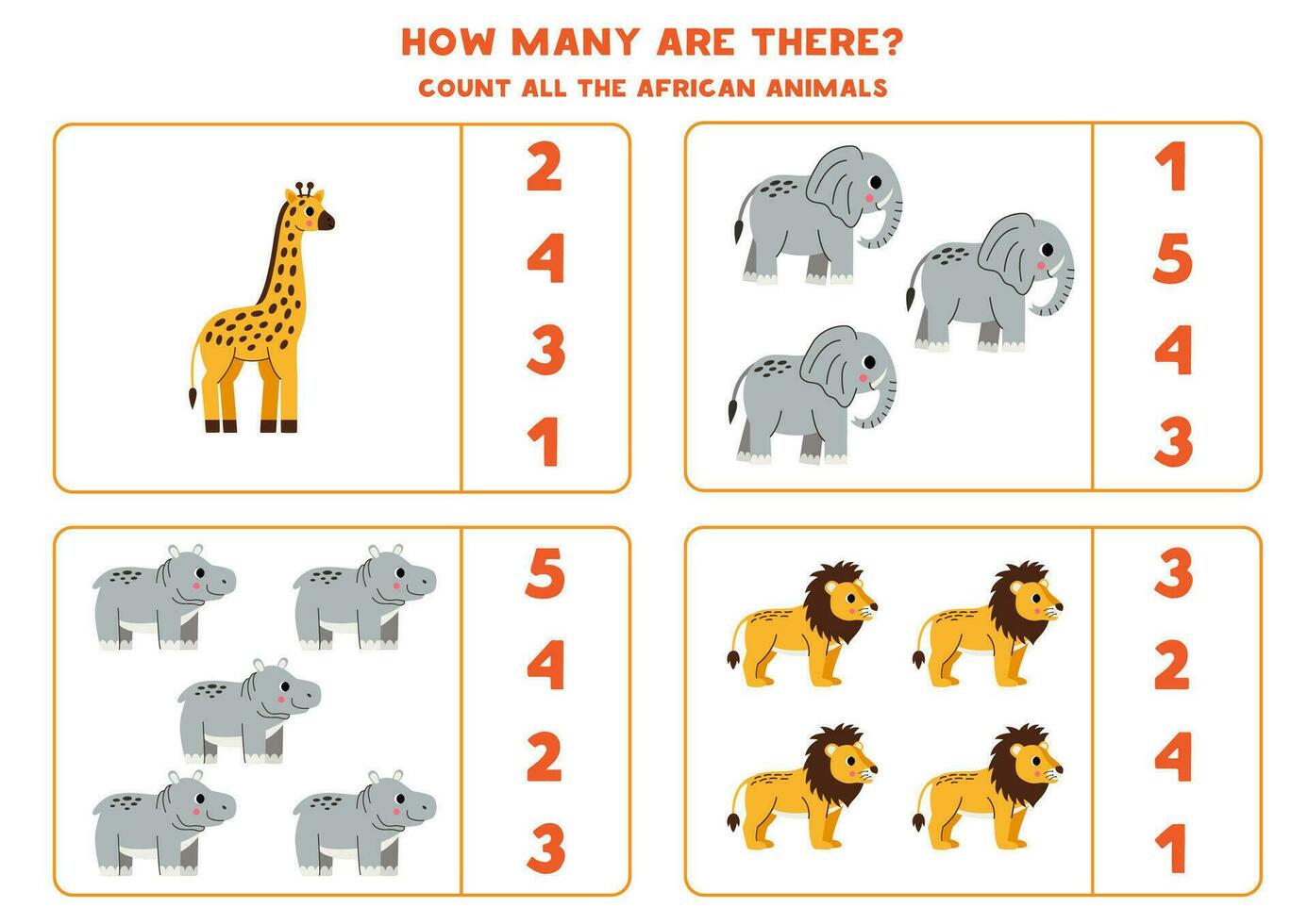 tellen spel met schattig Afrikaanse dieren. leerzaam werkblad. vector