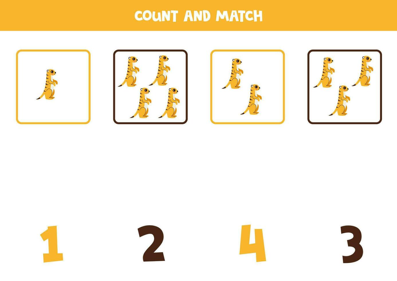 tellen spel voor kinderen. tellen allemaal stokstaartjes en bij elkaar passen met nummers. werkblad voor kinderen. vector