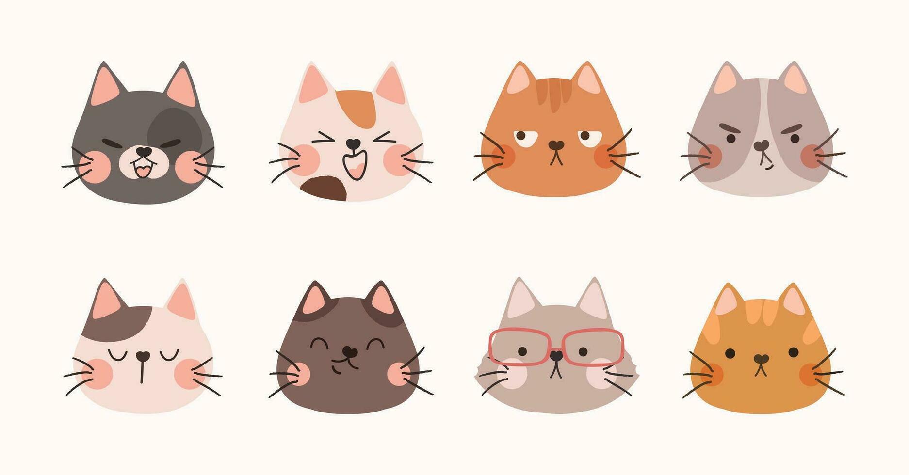 schattig en glimlach kat hoofden tekening vector set. grappig gelukkig kat gezichten karakter met verschillend kat ras bril, emotie, Vrolijk, boos in vlak kleur. ontwerp illustratie voor sticker, grappig, afdrukken.