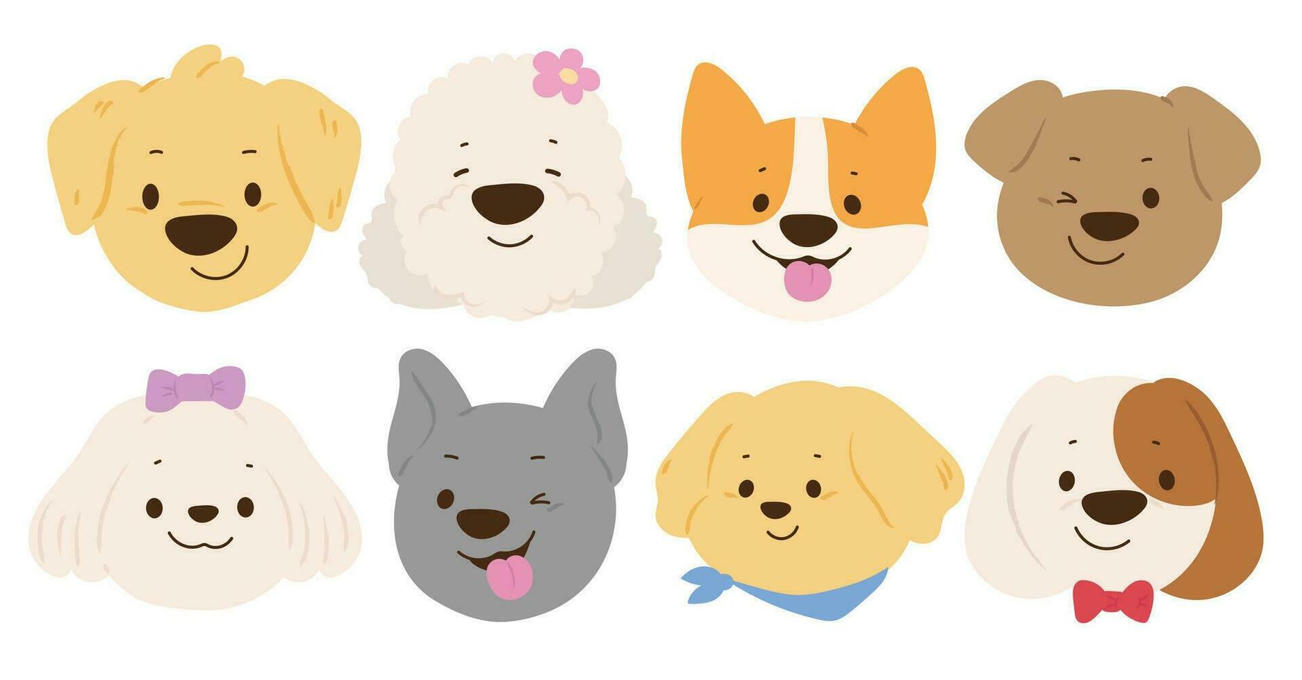 schattig en glimlach hond hoofden tekening vector set. grappig gelukkig hond gezichten karakter ontwerp van verschillend hond ras met vlak kleur geïsoleerd Aan wit achtergrond. ontwerp illustratie voor sticker, grappig, afdrukken.