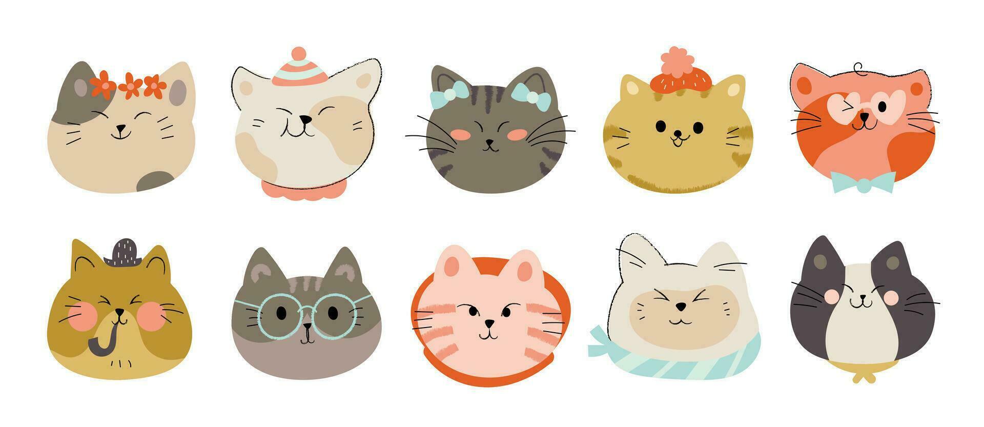 schattig en glimlach kat hoofden tekening vector set. grappig gelukkig kat gezichten karakter met bril, kroon, verschillend accessoires, hoed in vlak kleur. schattig huisdier illustratie ontwerp voor sticker, grappig, afdrukken.