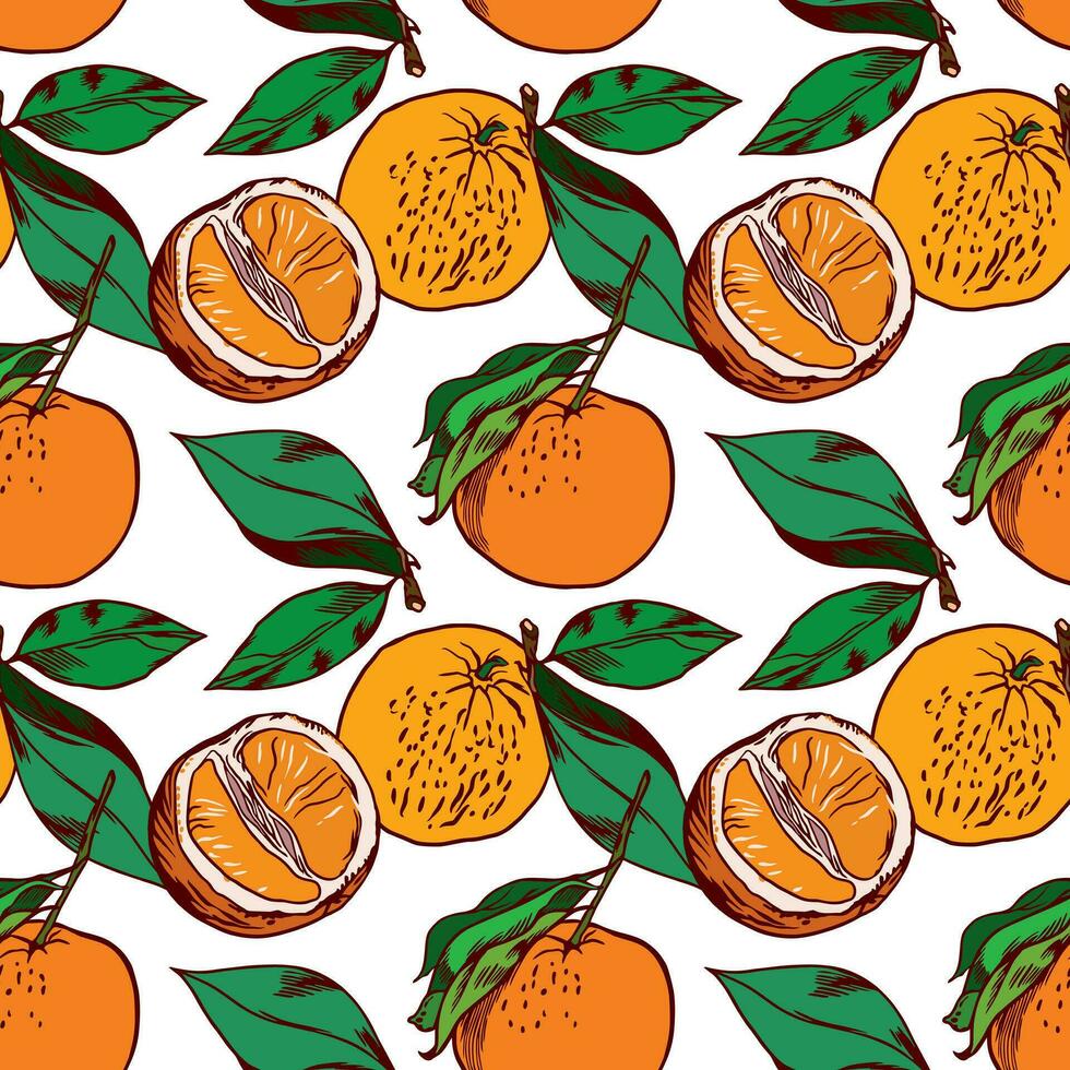 oranje fruit, bladeren, oranje plakjes. vector naadloos patroon Aan een wit achtergrond. ontwerp element voor verpakking papier, etiketten en covers voor voedsel en kunstmatig producten, textiel.