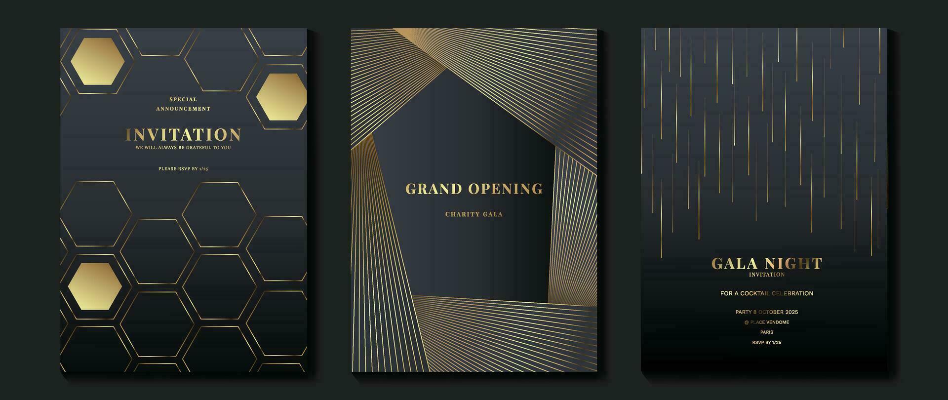 luxe gala uitnodiging kaart achtergrond vector. gouden elegant meetkundig vorm geven aan, helling goud lijnen Aan donker achtergrond. premie ontwerp illustratie voor bruiloft en vip Hoes sjabloon, groots opening. vector