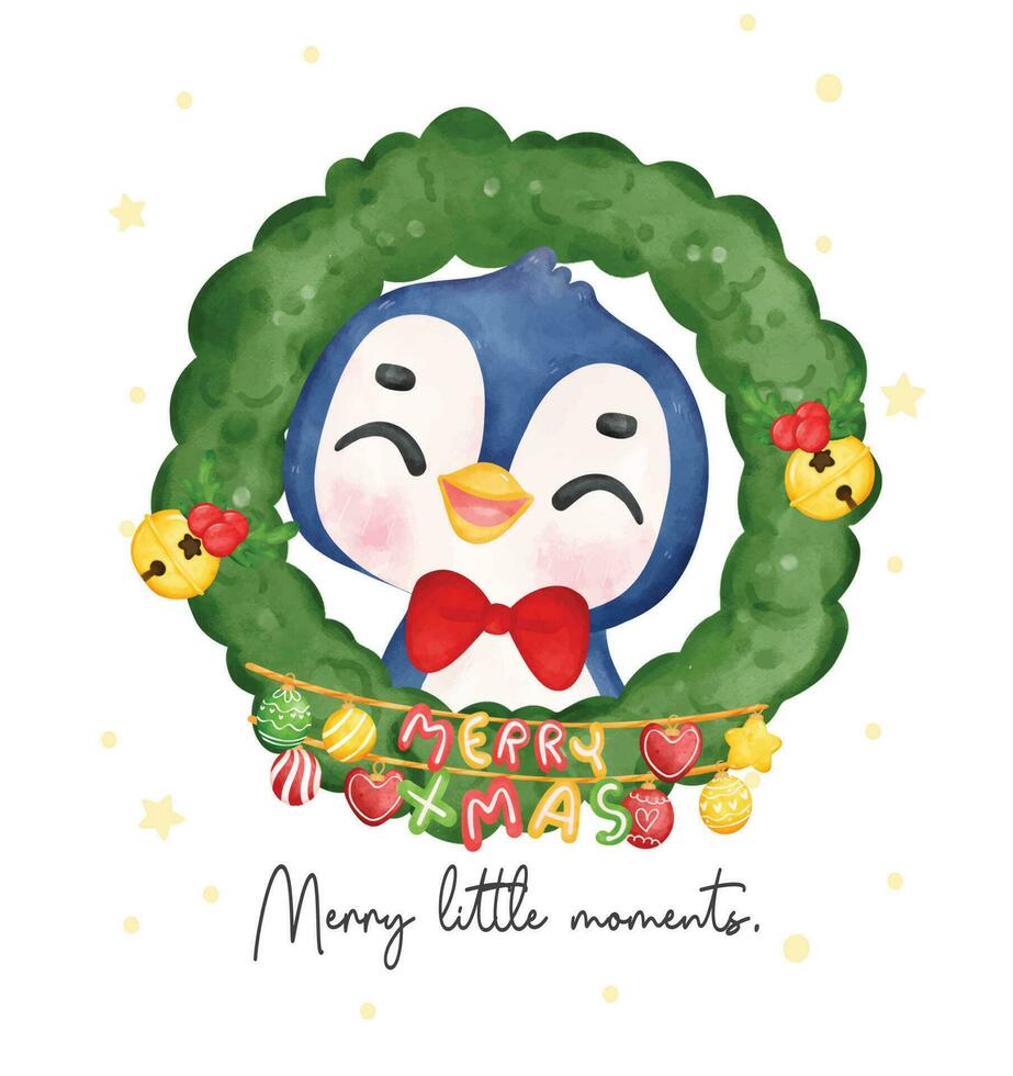blij pinguïn vieren Kerstmis in een feestelijk lauwerkrans, vrolijk Kerstmis weinig moment, waterverf tekenfilm. spannend glimlacht en vrolijk vakantie gevoel. perfect voor kaarten, uitnodigingen, en decoraties vector