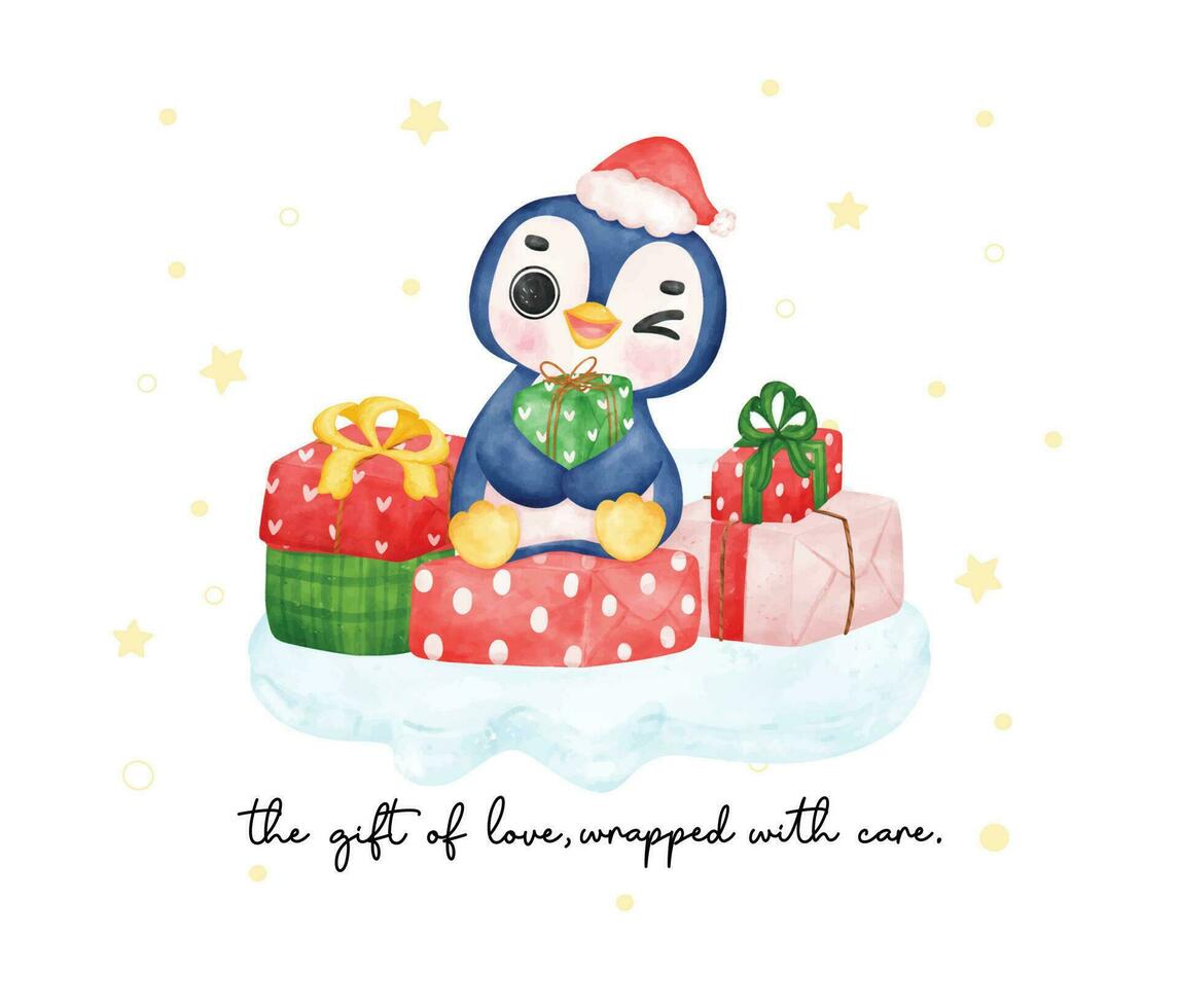 aanbiddelijk gelukkig baby pinguïn zit Aan een stack van verpakt Cadeau dozen, brengen vreugde en feestelijk juichen. perfect voor Kerstmis kaarten en decoraties vector