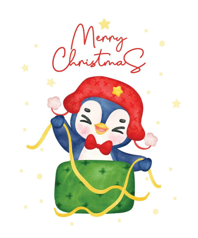 aanbiddelijk blij baby pinguïn omhulsel Kerstmis geschenk doos in feestelijk waterverf, verrukkelijk waterverf tekenfilm illustratie. perfect voor kaarten, uitnodigingen, en decoraties. vector