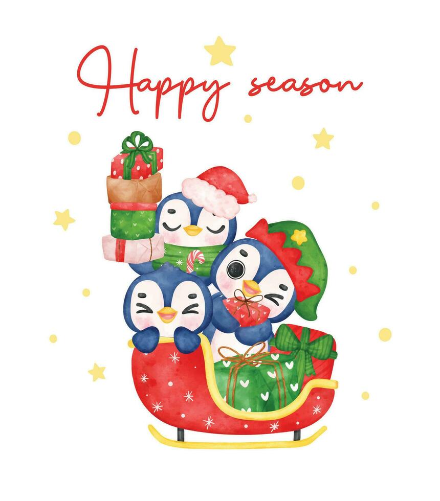 groep van aanbiddelijk tekenfilm pinguïns rijden in santa's geschenk slee, waterverf illustratie vector