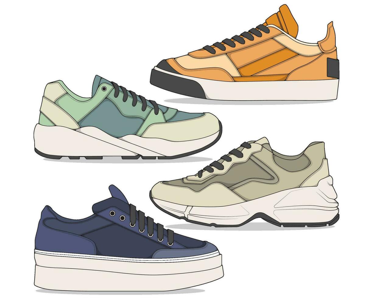 reeks van schoenen sneaker tekening vector, sportschoenen getrokken in een schetsen stijl, bundelen sportschoenen trainers sjabloon, vector illustratie.