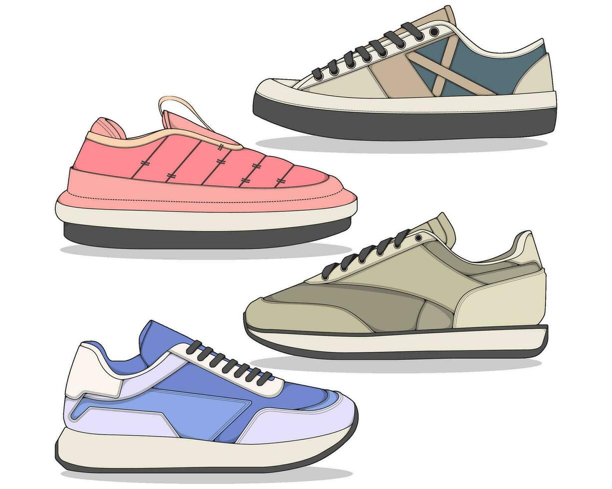 reeks van schoenen sneaker tekening vector, sportschoenen getrokken in een schetsen stijl, bundelen sportschoenen trainers sjabloon, vector illustratie.