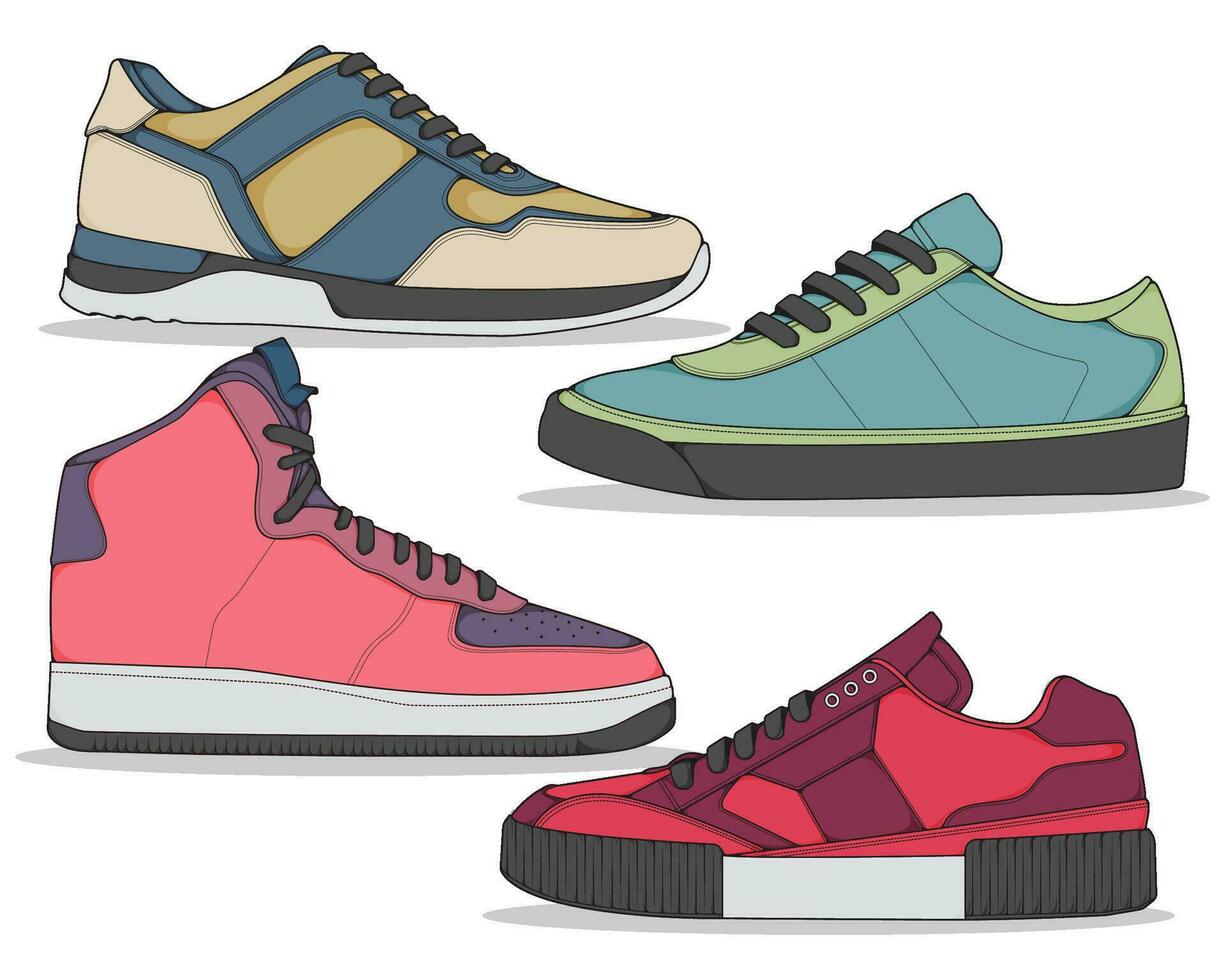 reeks van sportschoenen illustratie in kleurrijk tekeningen, sportschoenen vector lijn kunst geïsoleerd, bundelen schoen illustratie sjabloon.