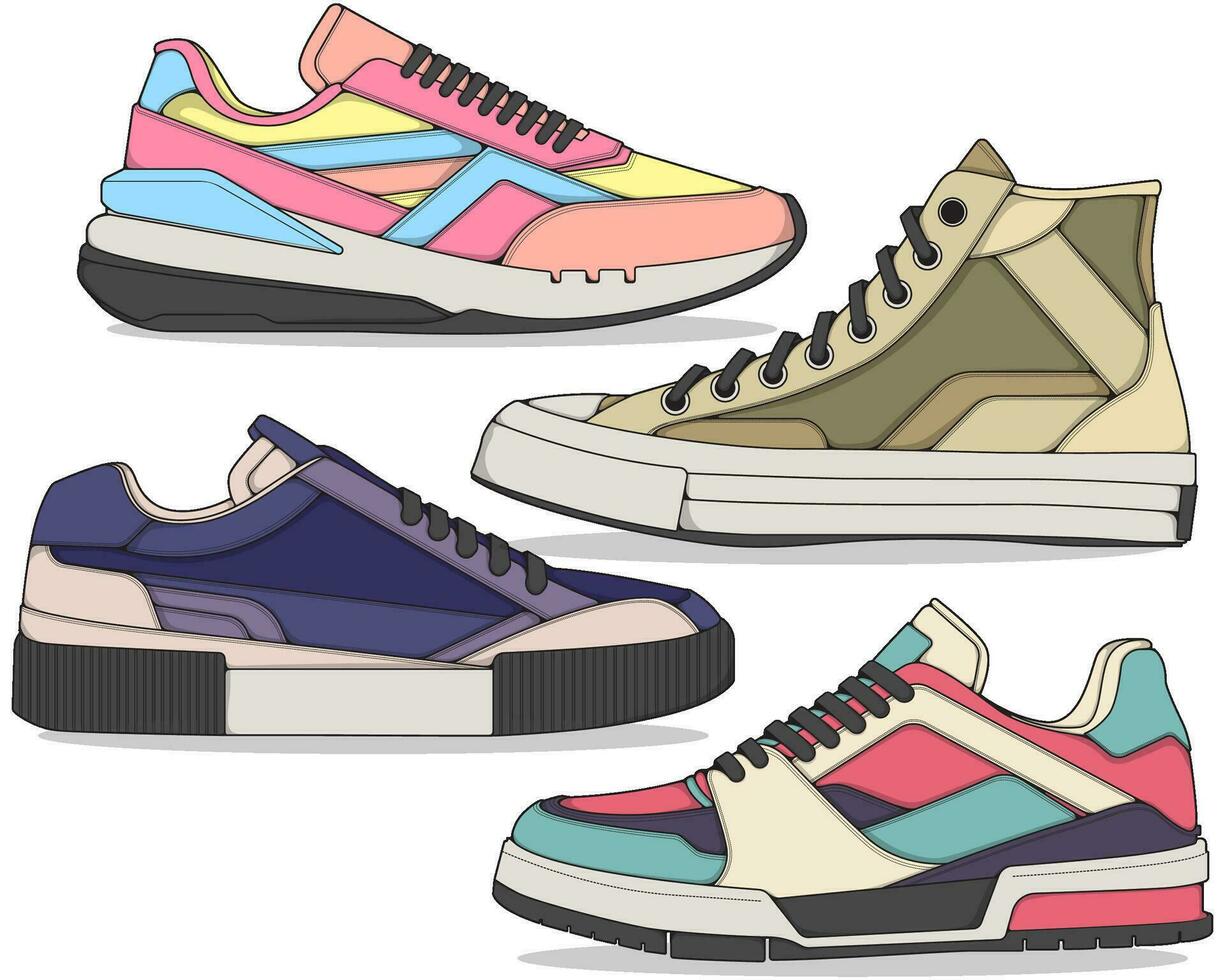 reeks van sportschoenen illustratie in kleurrijk tekeningen, sportschoenen vector lijn kunst geïsoleerd, bundelen schoen illustratie sjabloon.