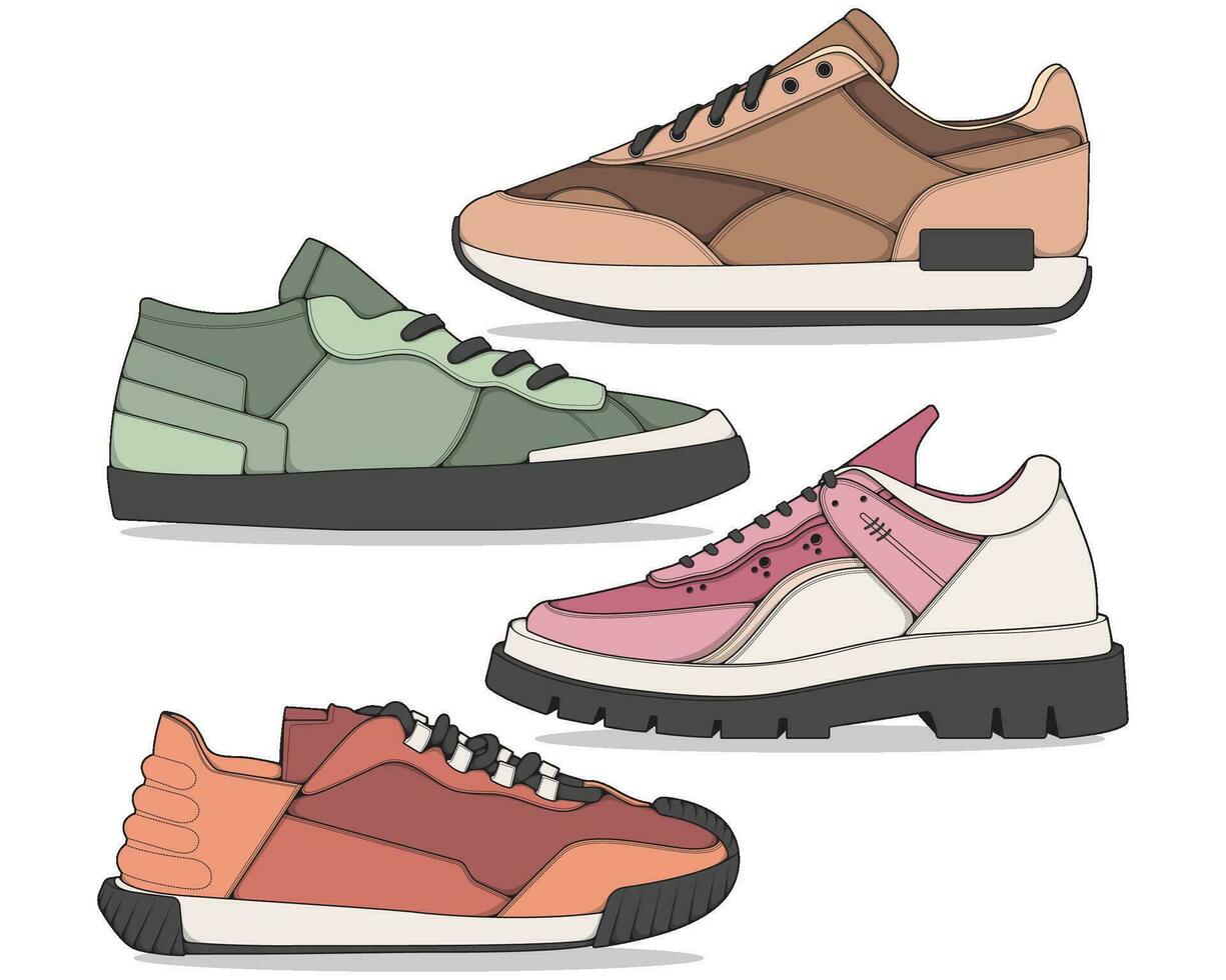 reeks van schoenen sneaker tekening vector, sportschoenen getrokken in een schetsen stijl, bundelen sportschoenen trainers sjabloon, vector illustratie.