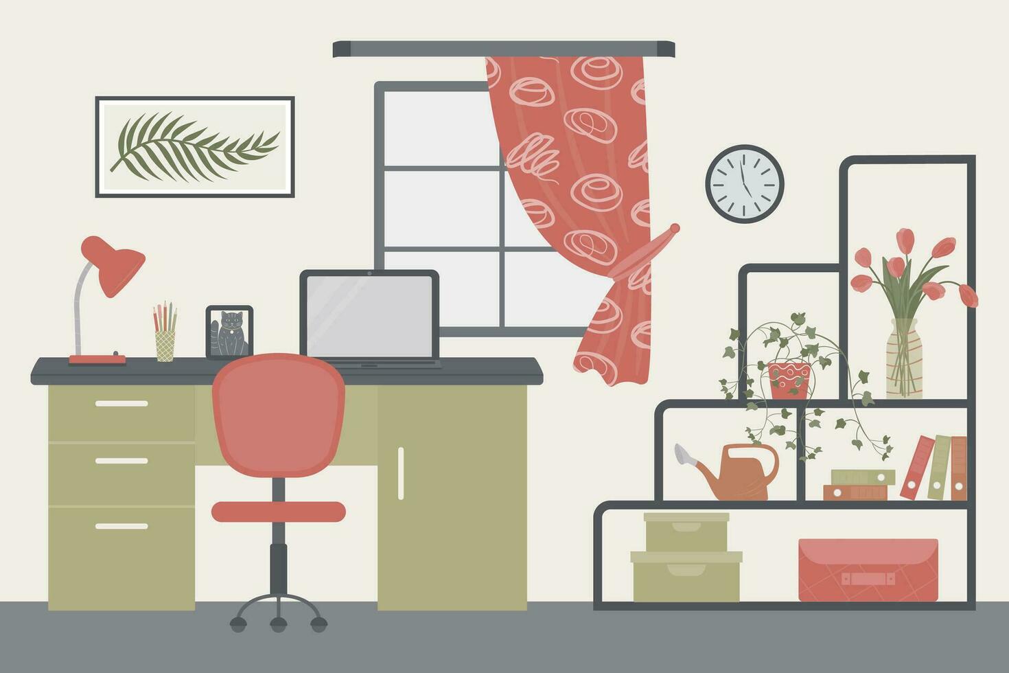 interieur ontwerp van een kantoor met meubilair een bureau, een computer stoel, planken, een afbeelding Aan de muur, binnen- planten, een gieter kan, vers bloemen in een glas vaas, opslagruimte dozen, mappen, klok. vector