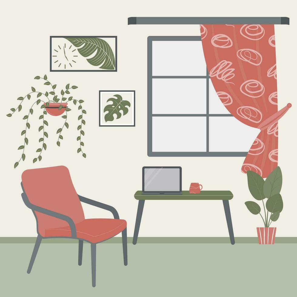 interieur ontwerp van de leven kamer met meubilair. een fauteuil, een koffie tafel, een venster met een gordijn, een laptop, een beker, een kamerplant, schilderijen Aan de muur. vector