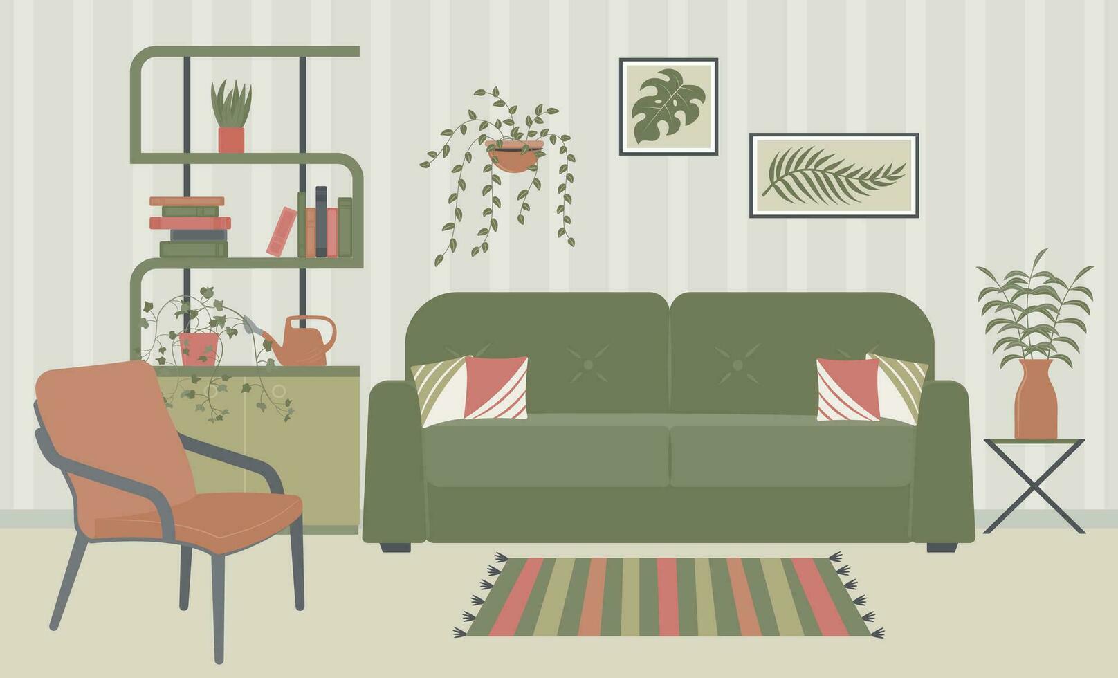 interieur ontwerp van de leven kamer met meubilair. sofa met kussens, planken, schilderijen Aan de muur, binnen- planten, gieter kan, fauteuil, tapijt, boeken. vector