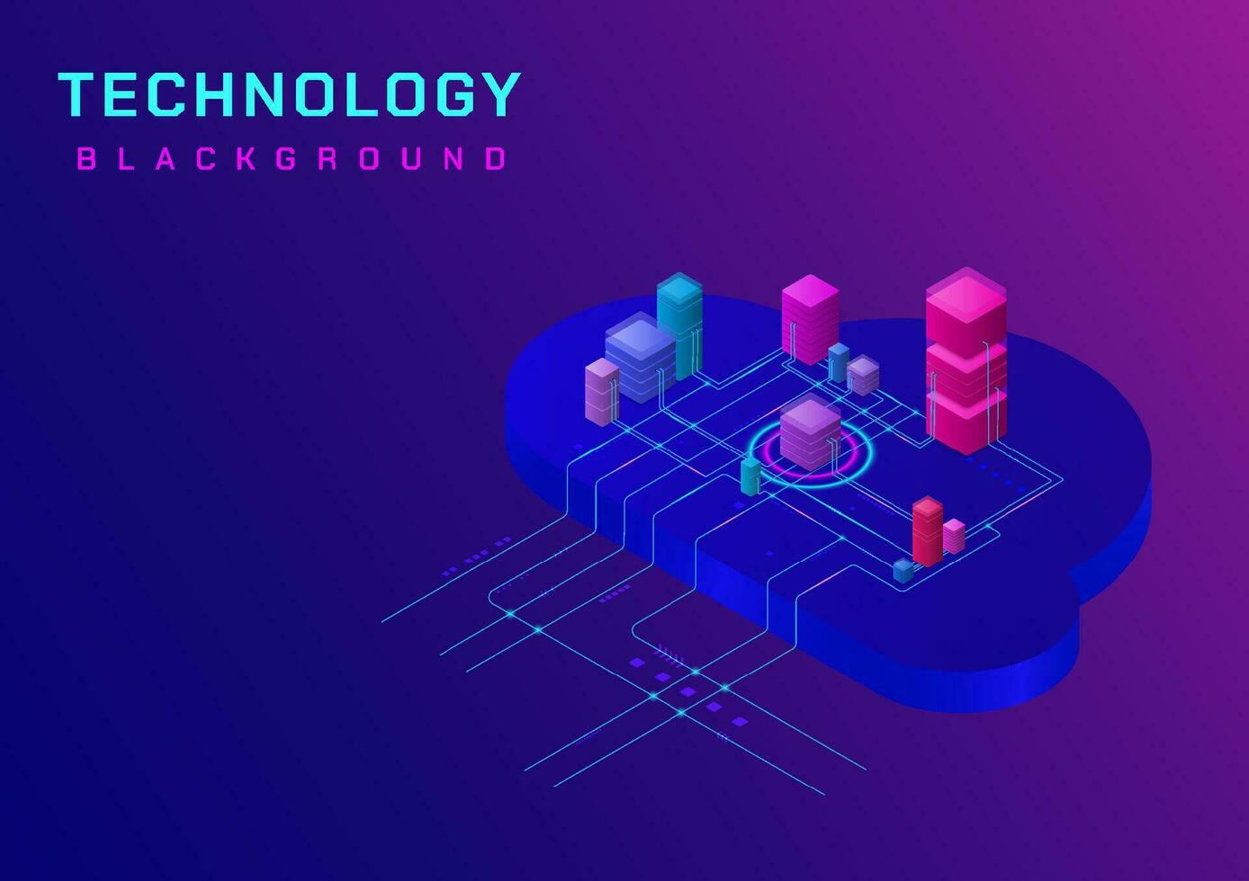 3d abstract technologie achtergrond systeem wolk berekenen isometrische veelkleurig kubussen Daar is een lijn Verbinden een gloeiend cirkel in de midden- van de blauw en Purper helling achtergrond. vector