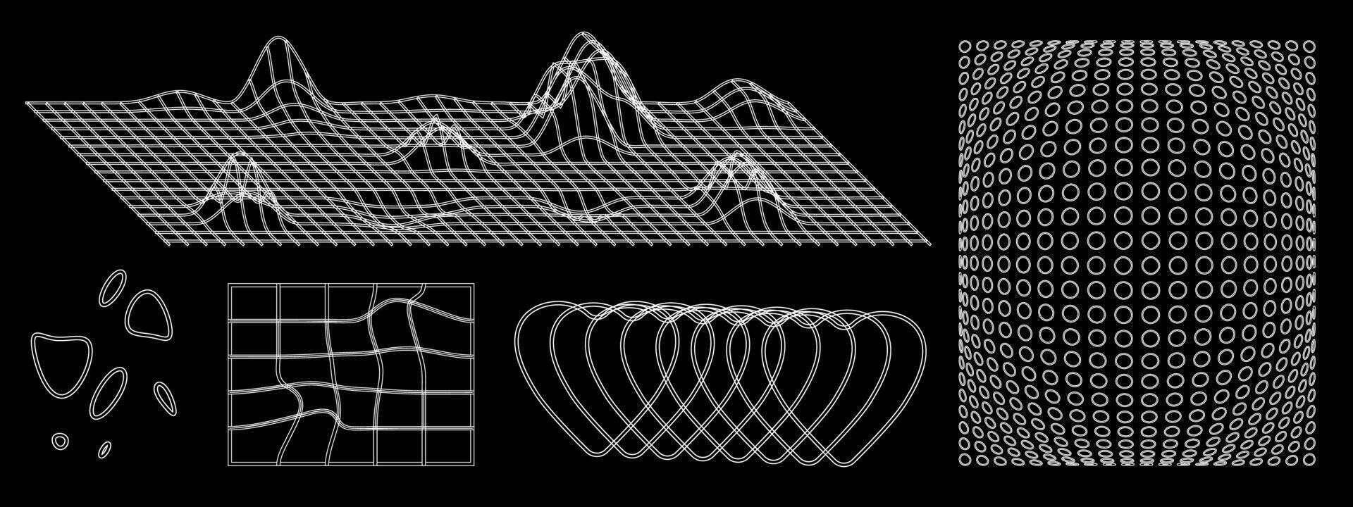 abstract futuristische voorwerpen en mazen. vector illustratie van digitaal landschap met heuvels en bergen. tekening van convex en kromgetrokken vormen.
