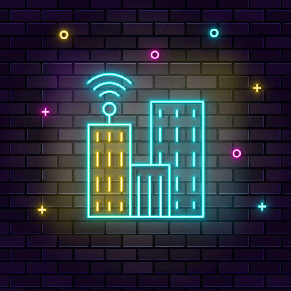 communicatie, televisie, gebouw icoon , neon Aan muur. donker achtergrond steen muur neon icoon. vector