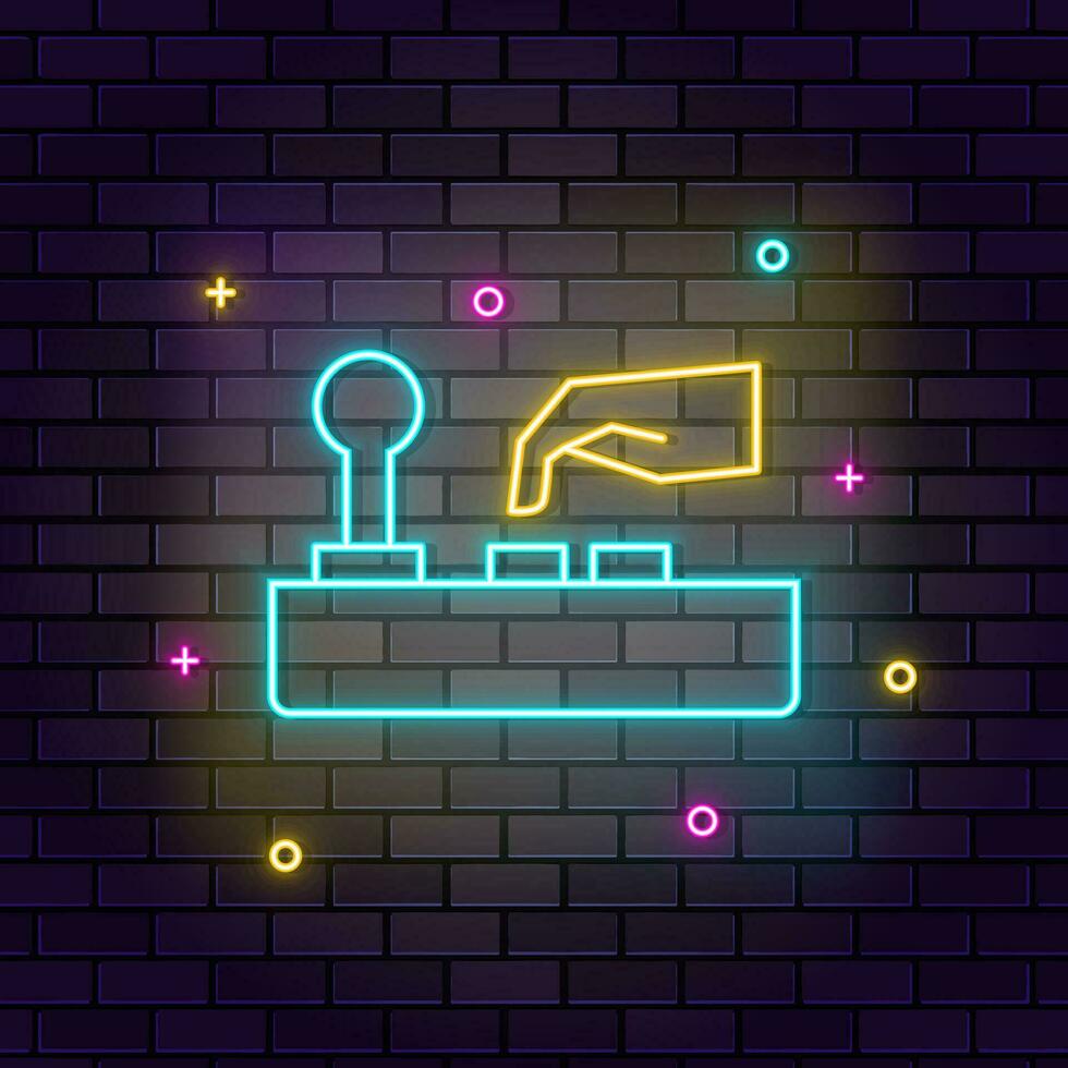 speelhal bedieningshendel spel neon Aan muur. donker achtergrond steen muur neon icoon. vector