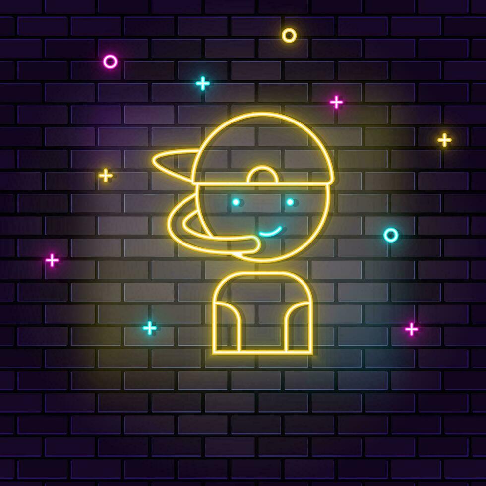 gamer jongen retro speelhal neon Aan muur. donker achtergrond steen muur neon icoon. vector