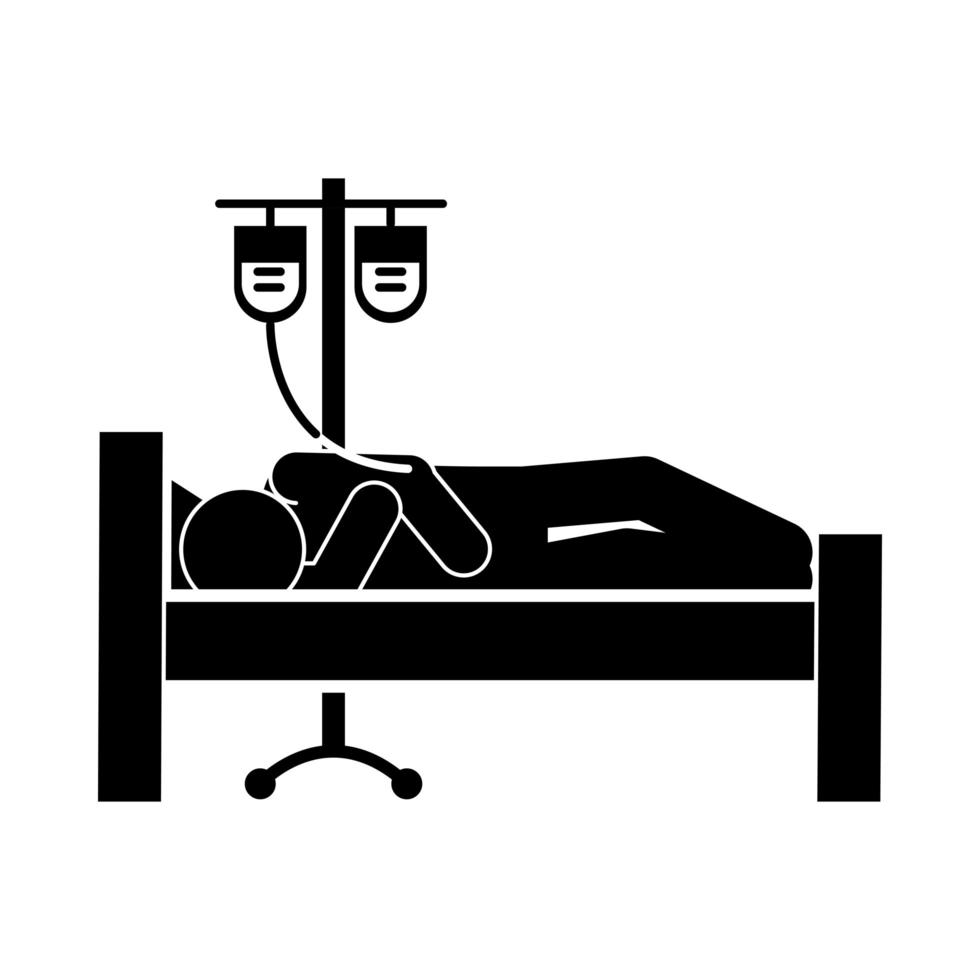 coronavirus covid 19 zieke persoon in bed ziekenhuis met iv stand geneeskunde gezondheid pictogram silhouet stijlicoon vector