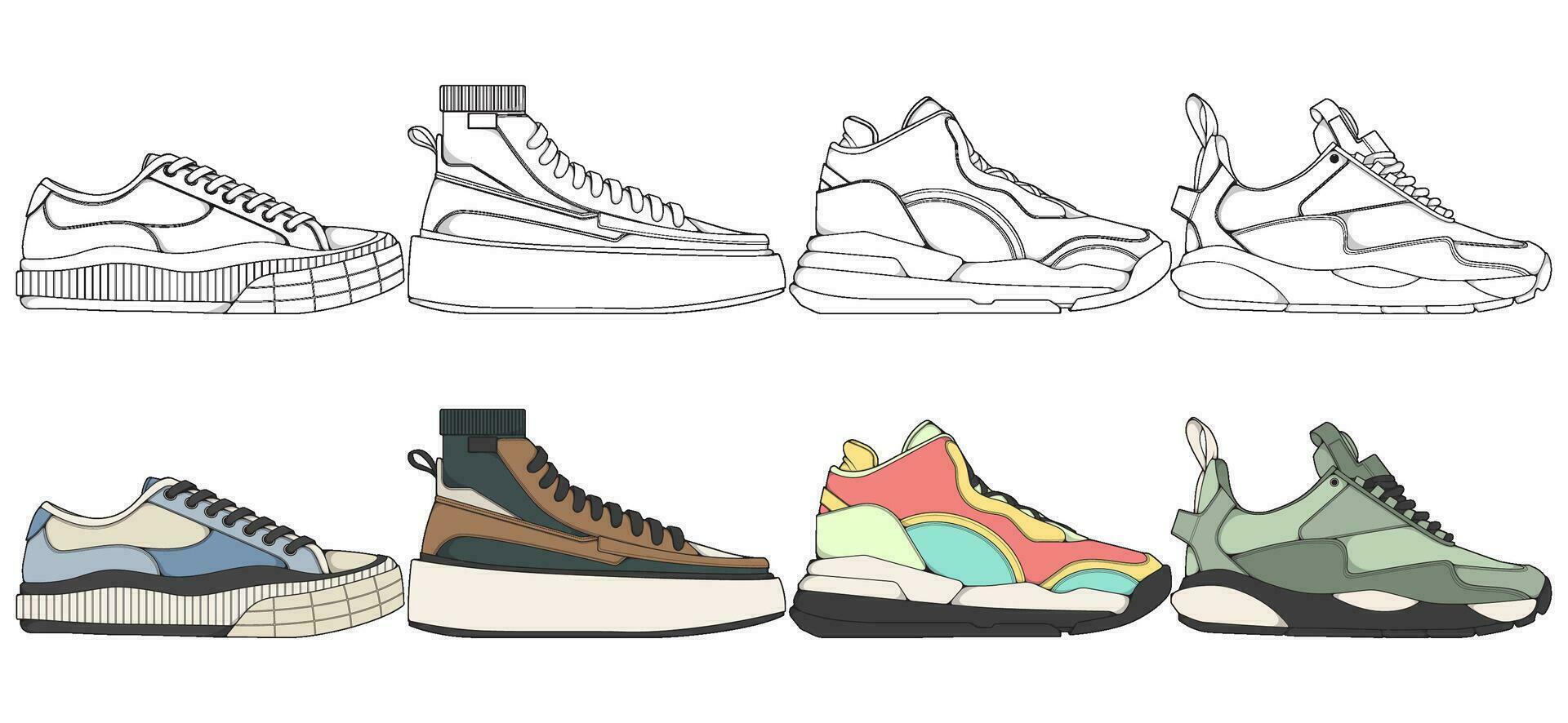 reeks van schoenen sneaker tekening vector, sportschoenen getrokken in een schetsen stijl, bundelen sportschoenen trainers sjabloon, vector illustratie.