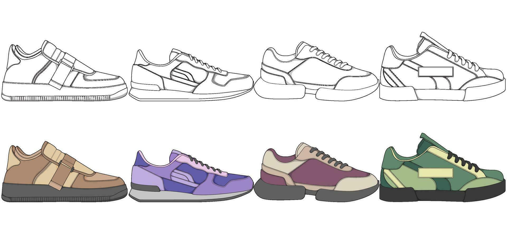 reeks van schoenen sneaker tekening vector, sportschoenen getrokken in een schetsen stijl, bundelen sportschoenen trainers sjabloon, vector illustratie.