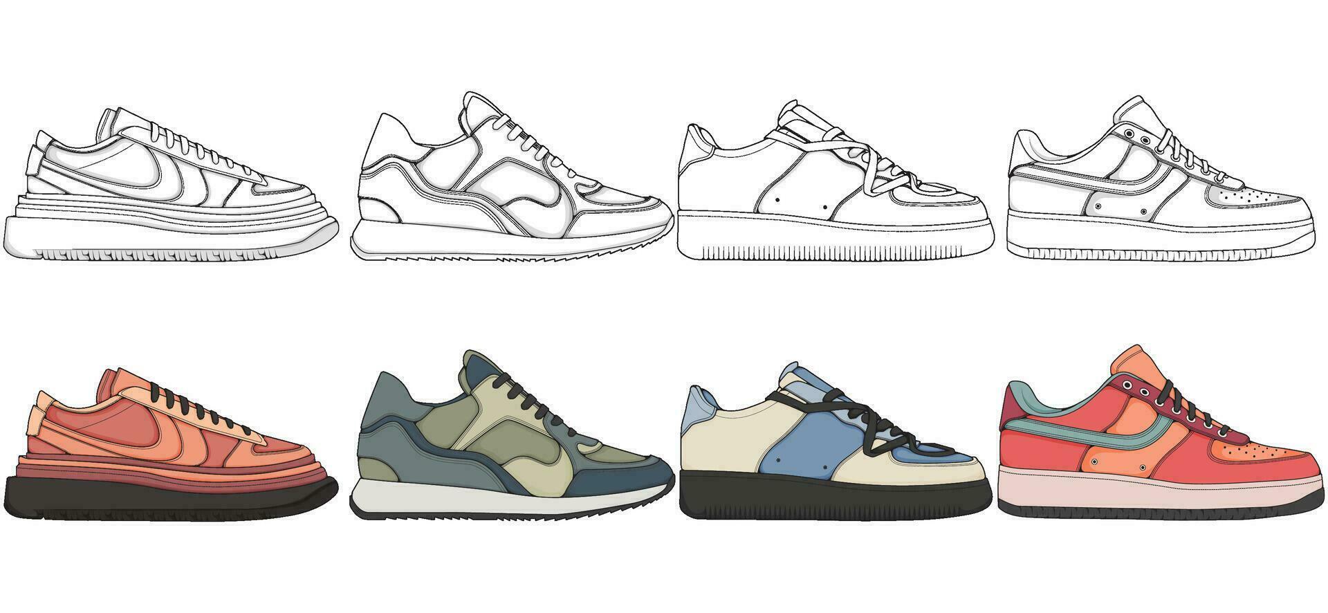 reeks van schoenen sneaker tekening vector, sportschoenen getrokken in een schetsen stijl, bundelen sportschoenen trainers sjabloon, vector illustratie.