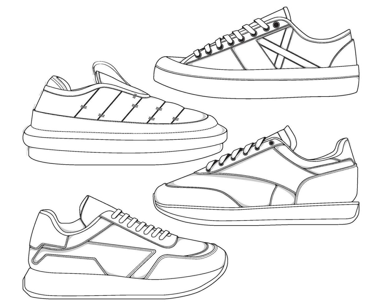 reeks van schoenen sneaker schets tekening vector, sportschoenen getrokken in een schetsen stijl, bundelen sportschoenen trainers sjabloon schets, vector illustratie.