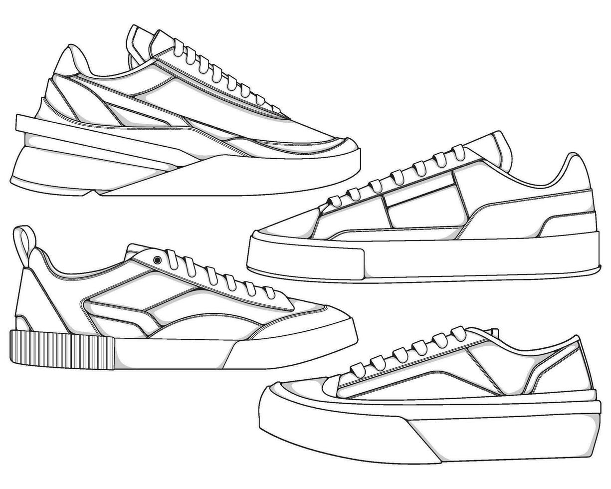 reeks van schoenen sneaker schets tekening vector, sportschoenen getrokken in een schetsen stijl, bundelen sportschoenen trainers sjabloon schets, vector illustratie.