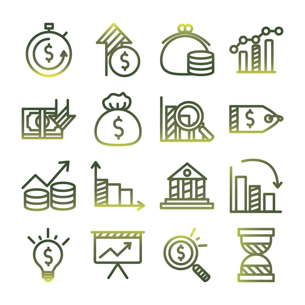 economie en financiën gradiënt stijl icon set vector design