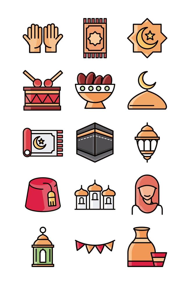 eid mubarak islamitische religieuze viering traditionele pictogrammen instellen platte stijlicoon vector