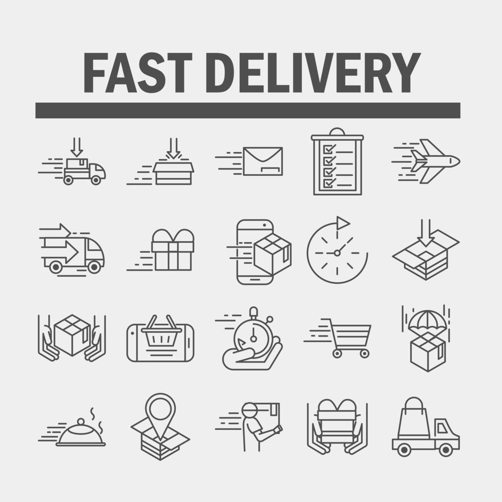snelle levering vracht verzending handel zakelijke pictogrammen instellen lijnstijl icoon vector