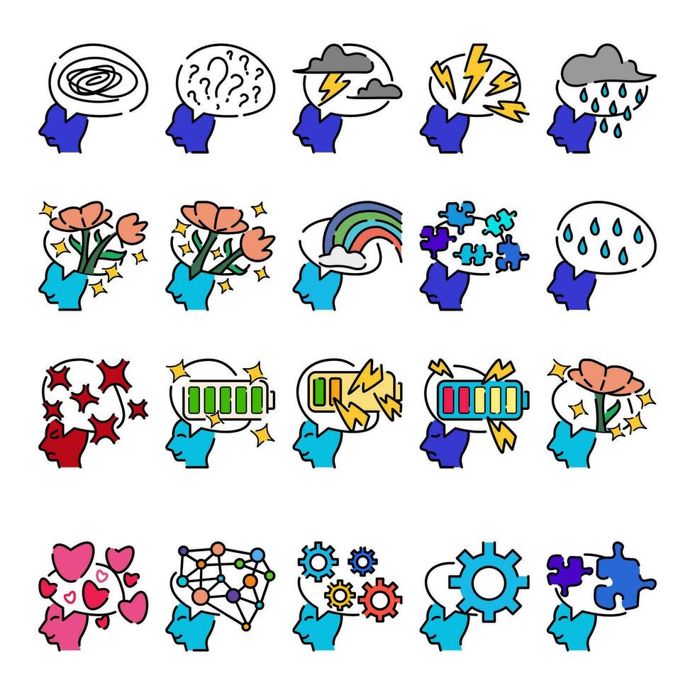mentaal Gezondheid tekening icoon kleurrijk schets knop reeks ontwerp vector
