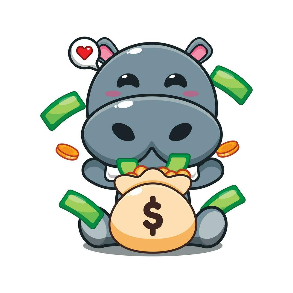 nijlpaard met geld zak tekenfilm vector illustratie.