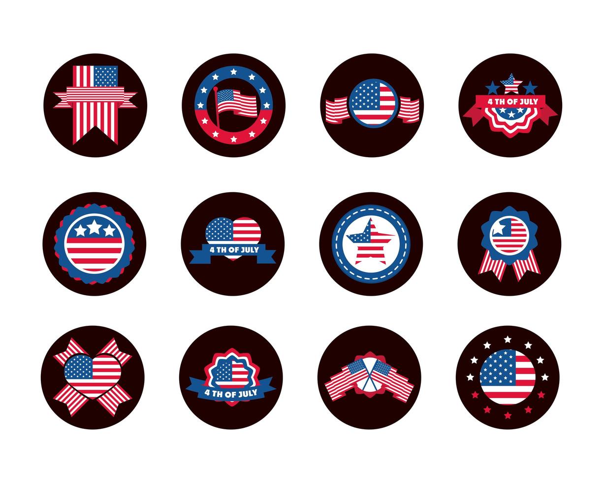 4 juli onafhankelijkheidsdag viering eer gedenkteken Amerikaanse vlag pictogrammen instellen blok en vlakke stijlicoon vector