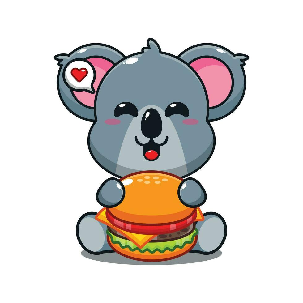 printschattig koala met hamburger tekenfilm vector illustratie.