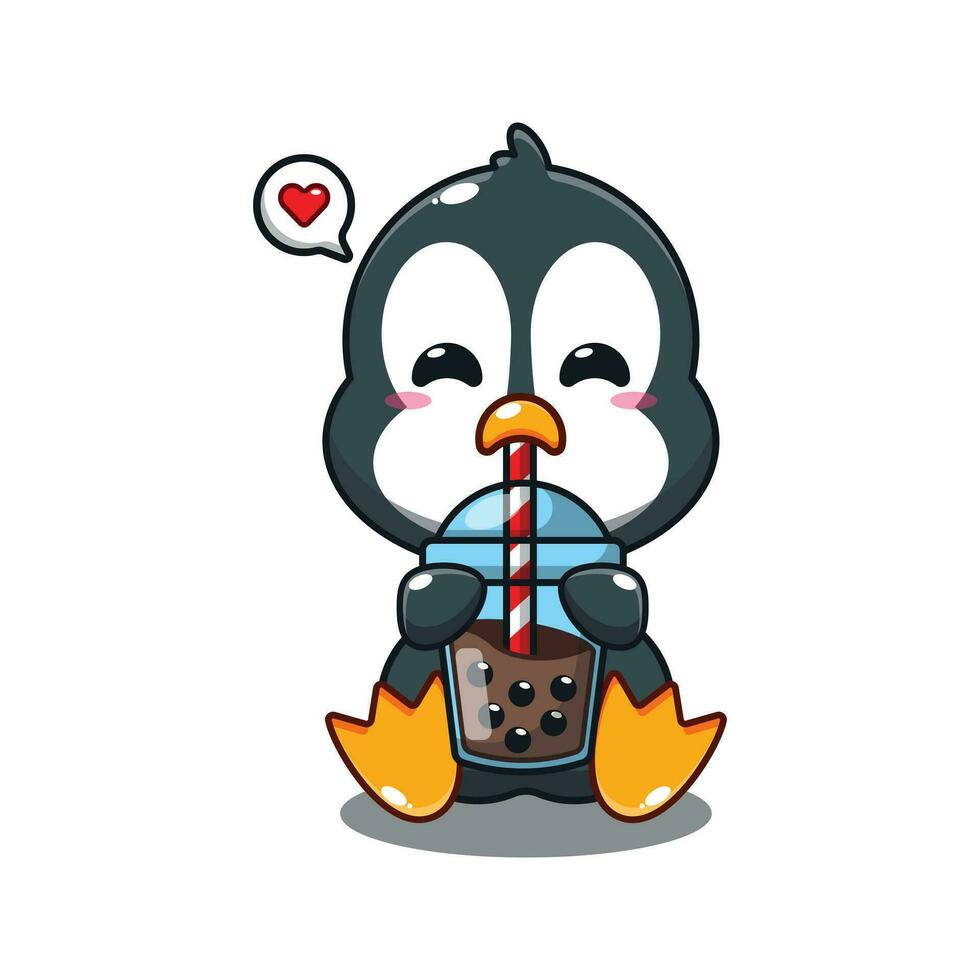 schattig pinguïn drinken boba melk thee tekenfilm vector illustratie.