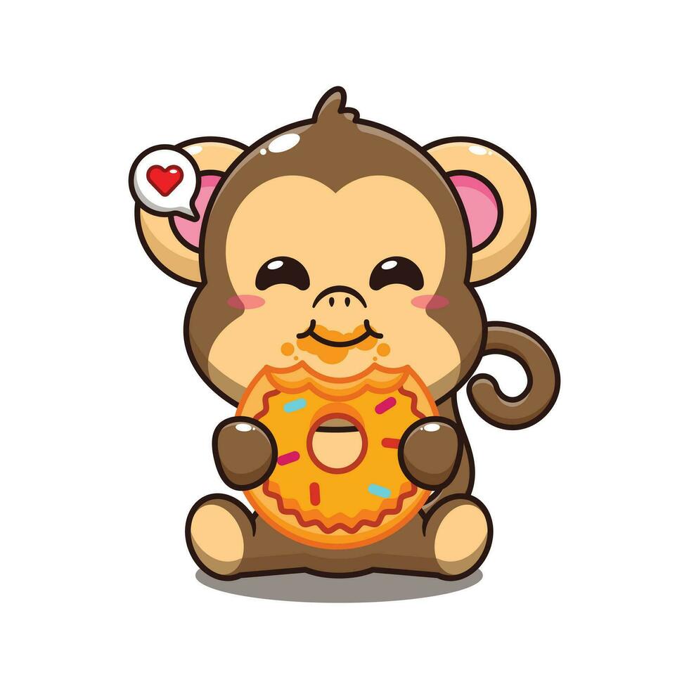 schattig aap aan het eten donut tekenfilm vector illustratie.