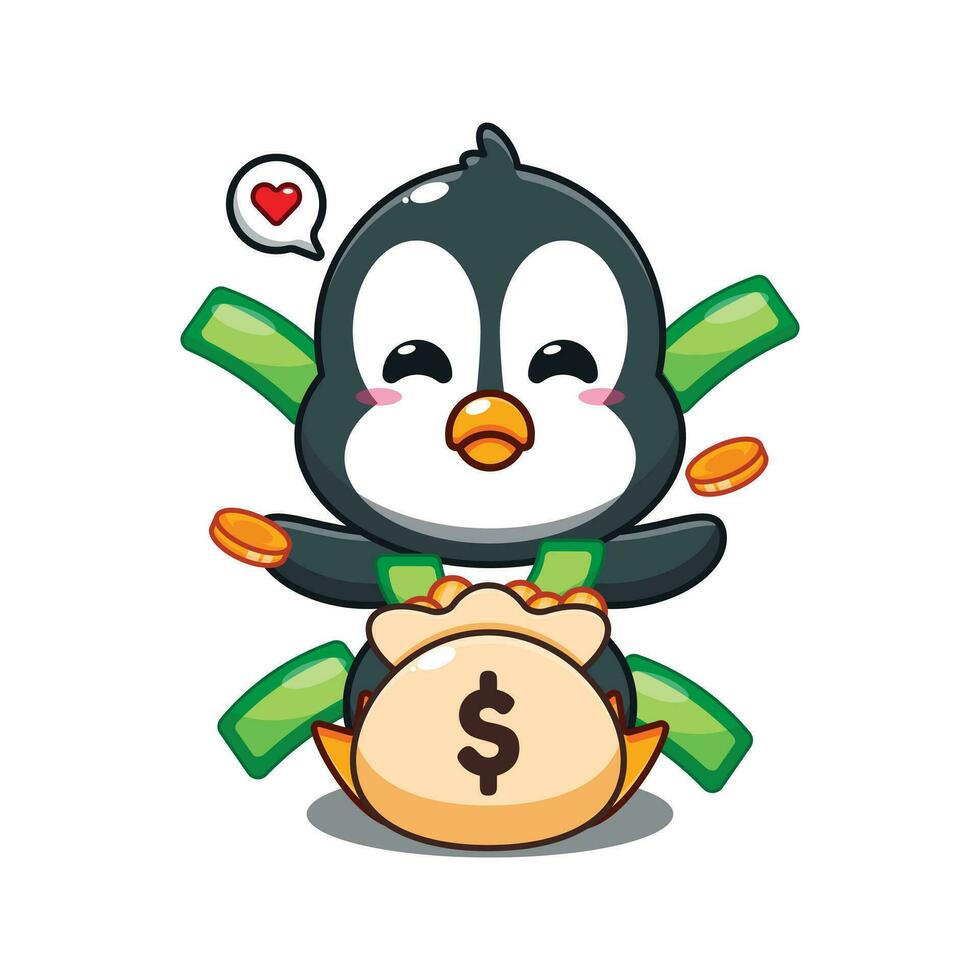 schattig pinguïn met geld zak tekenfilm vector illustratie.