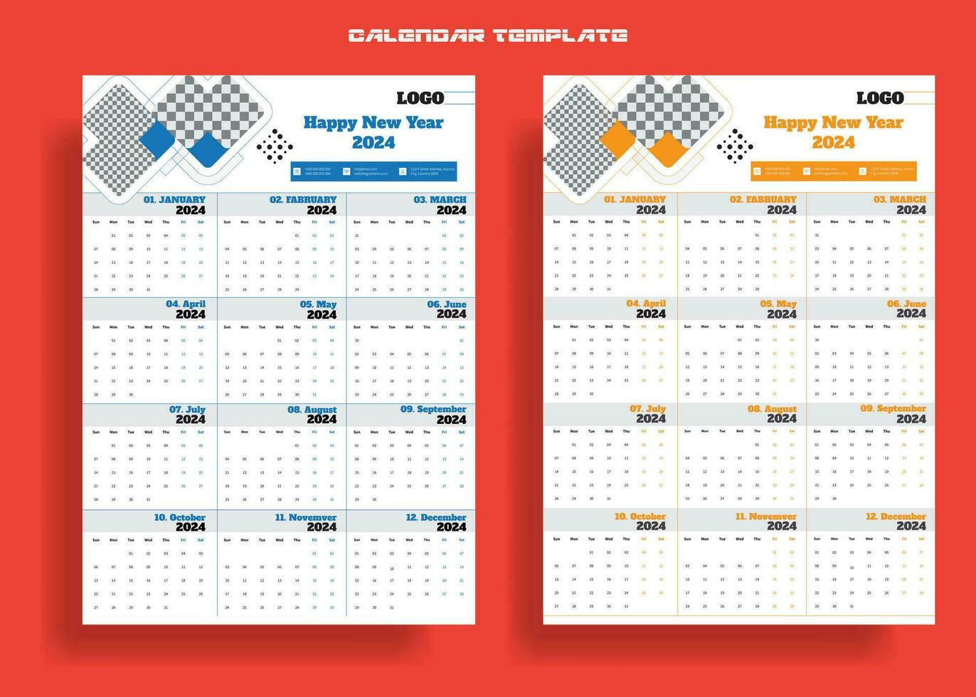 kalender ontwerp voor 2024, week begint zondag. bureau kalender sjabloon. gemakkelijk lay-out van zak- of muur kalenders, folder kalender sjabloon vector