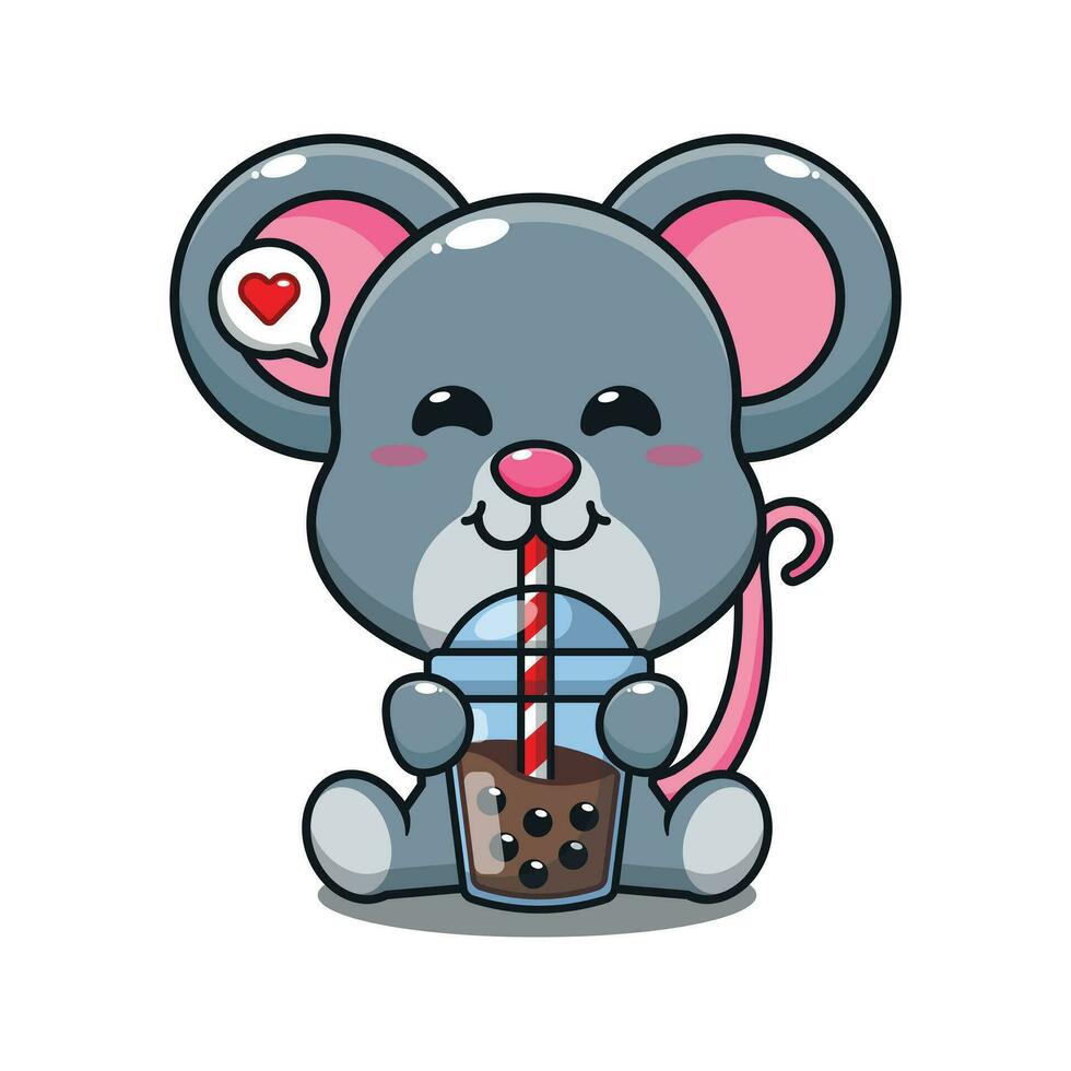 schattig muis drinken boba melk thee tekenfilm vector illustratie.