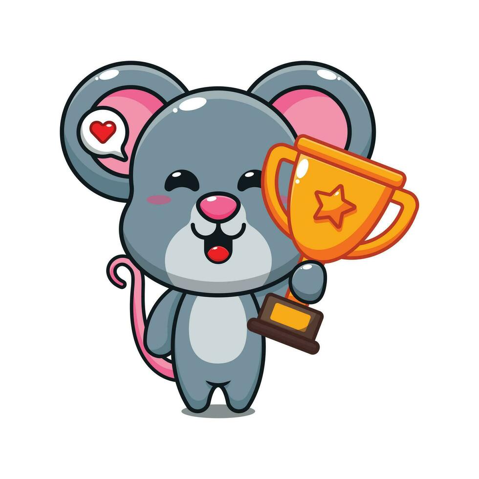 schattig muis Holding goud trofee kop tekenfilm vector illustratie.
