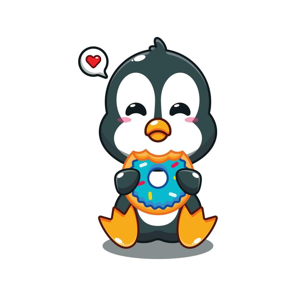 schattig pinguïn aan het eten donut tekenfilm vector illustratie.