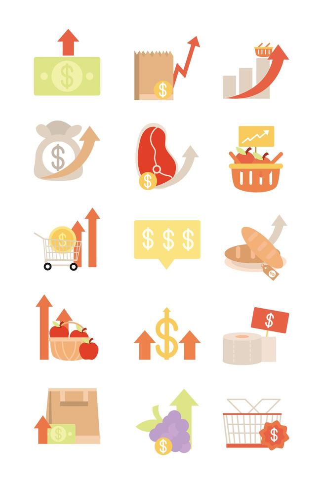 stijgende voedselprijzen markt handel pictogrammen instellen platte stijlicoon vector